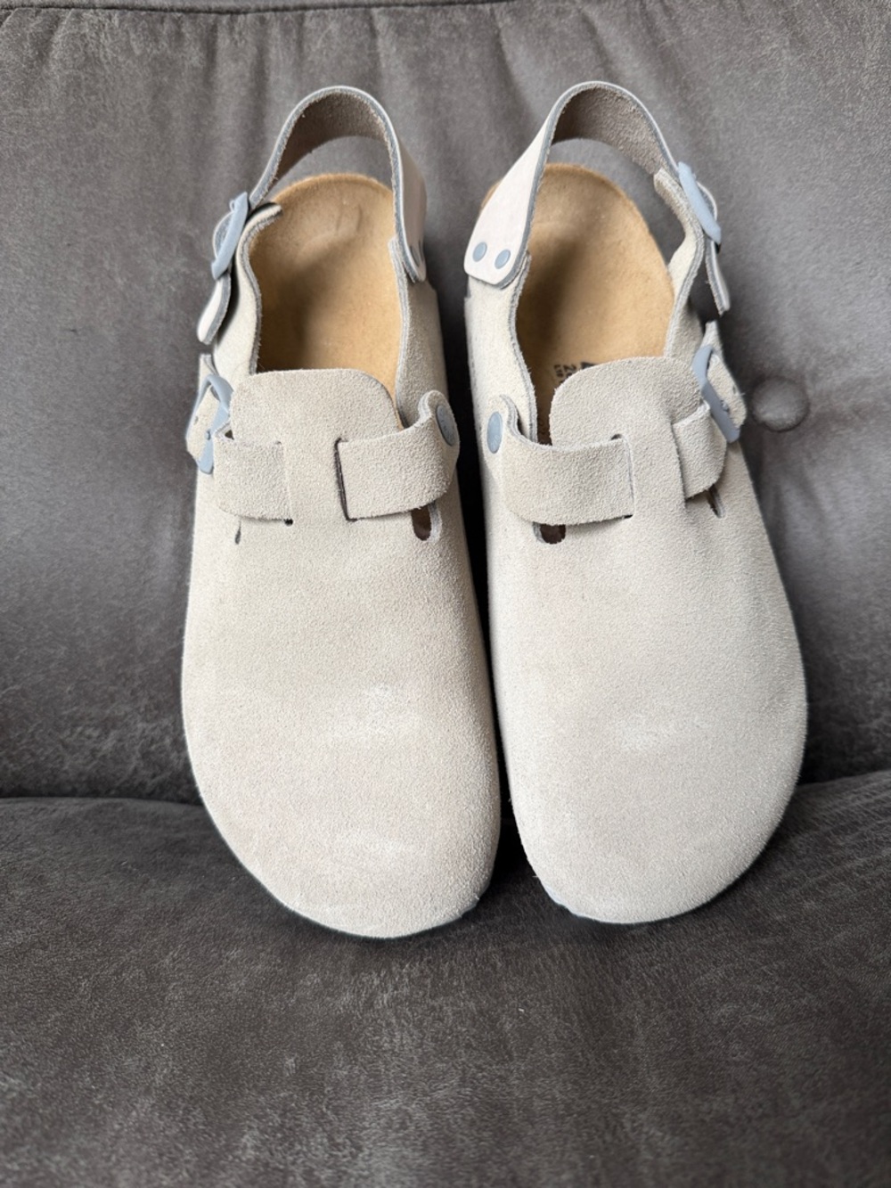 Birkenstock Light Gray Suede Closed-Toe Slingback Clogs
